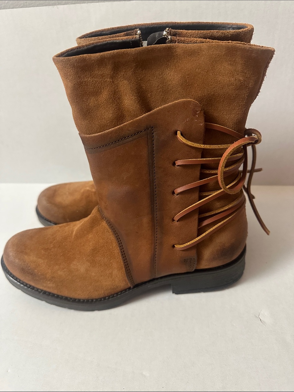 Suede Mid-Calf Lace-Back Boots - Brown